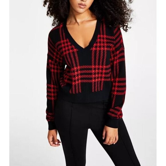 Bar III Sweater Womens XL Black Red Plaid Cropped V Neck Relaxed Fit Academia - Picture 1 of 7